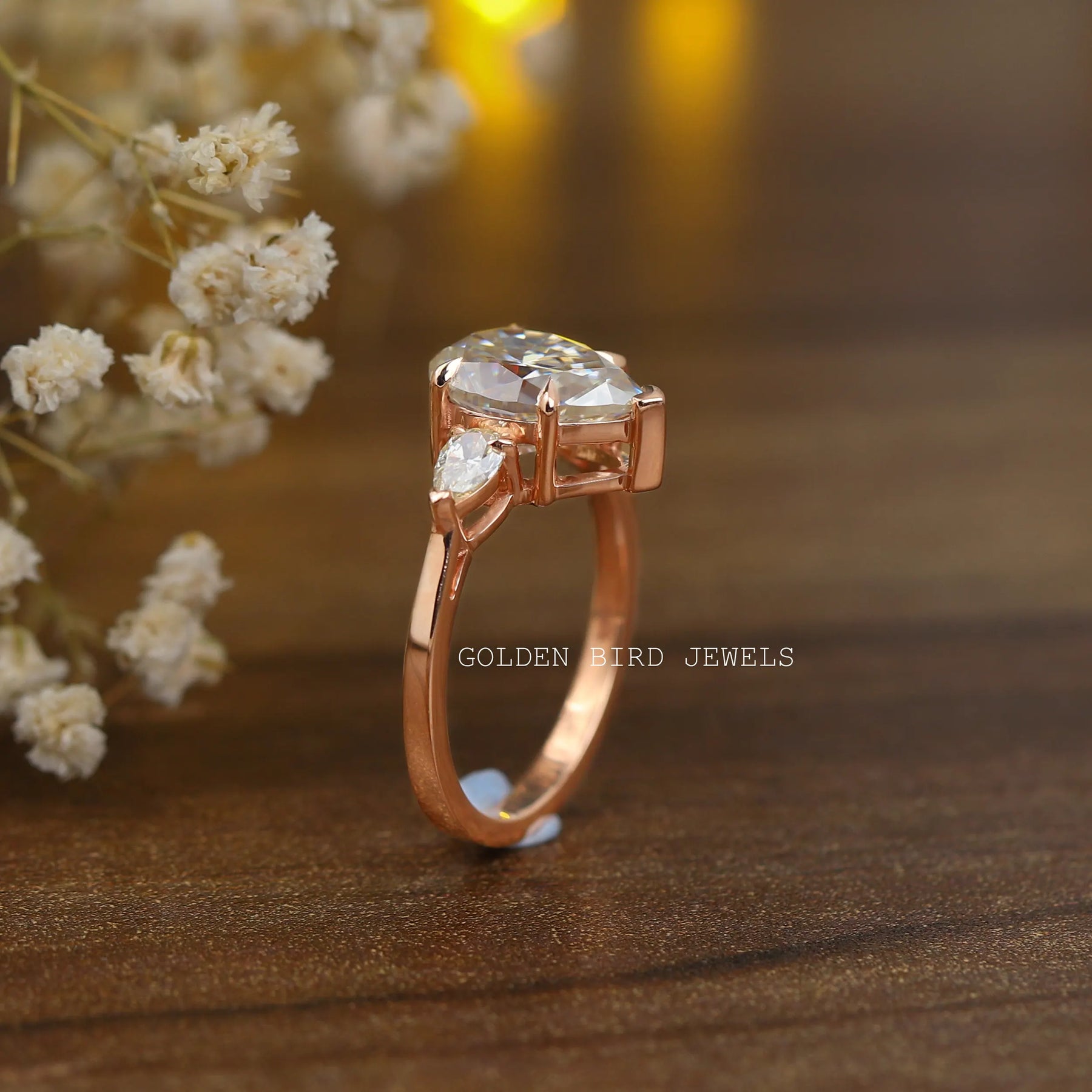 [Three Stone Pear Cut Moissanite Rose Gold Engagement Ring]-[Golden Bird Jewels]
