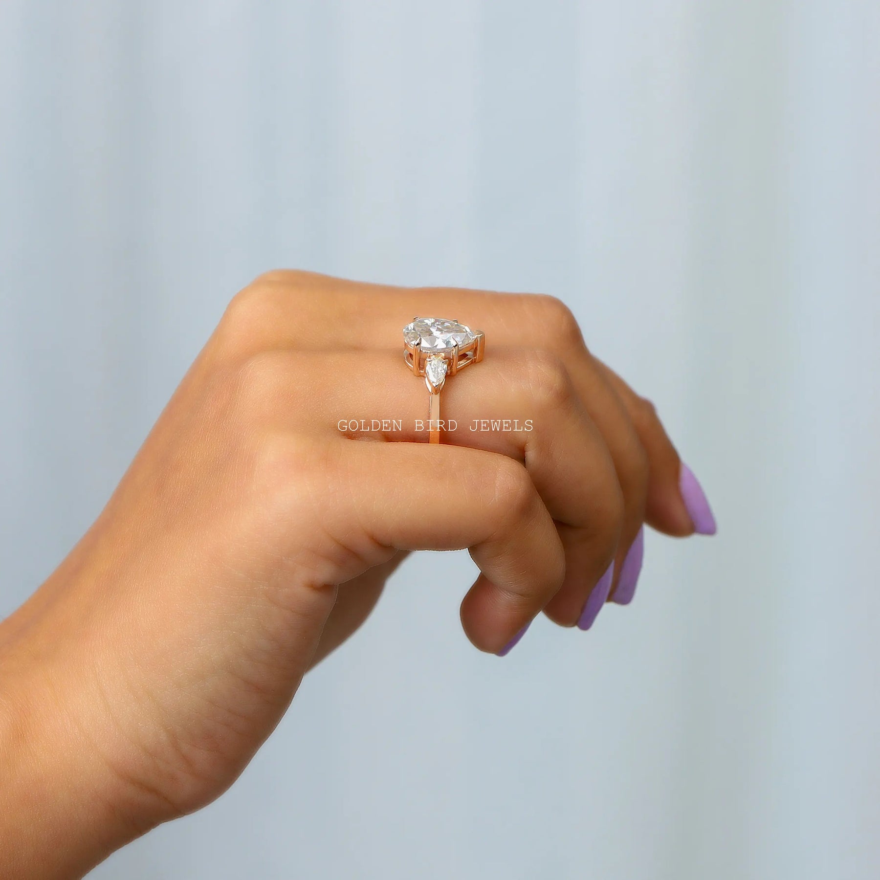 [Pear Cut Moissanite Three Stone Engagement Ring]-[Golden Bird Jewels]