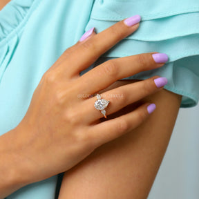 In Finger Front View Of Three Stone Rose Gold Moissanite Anniversary Ring