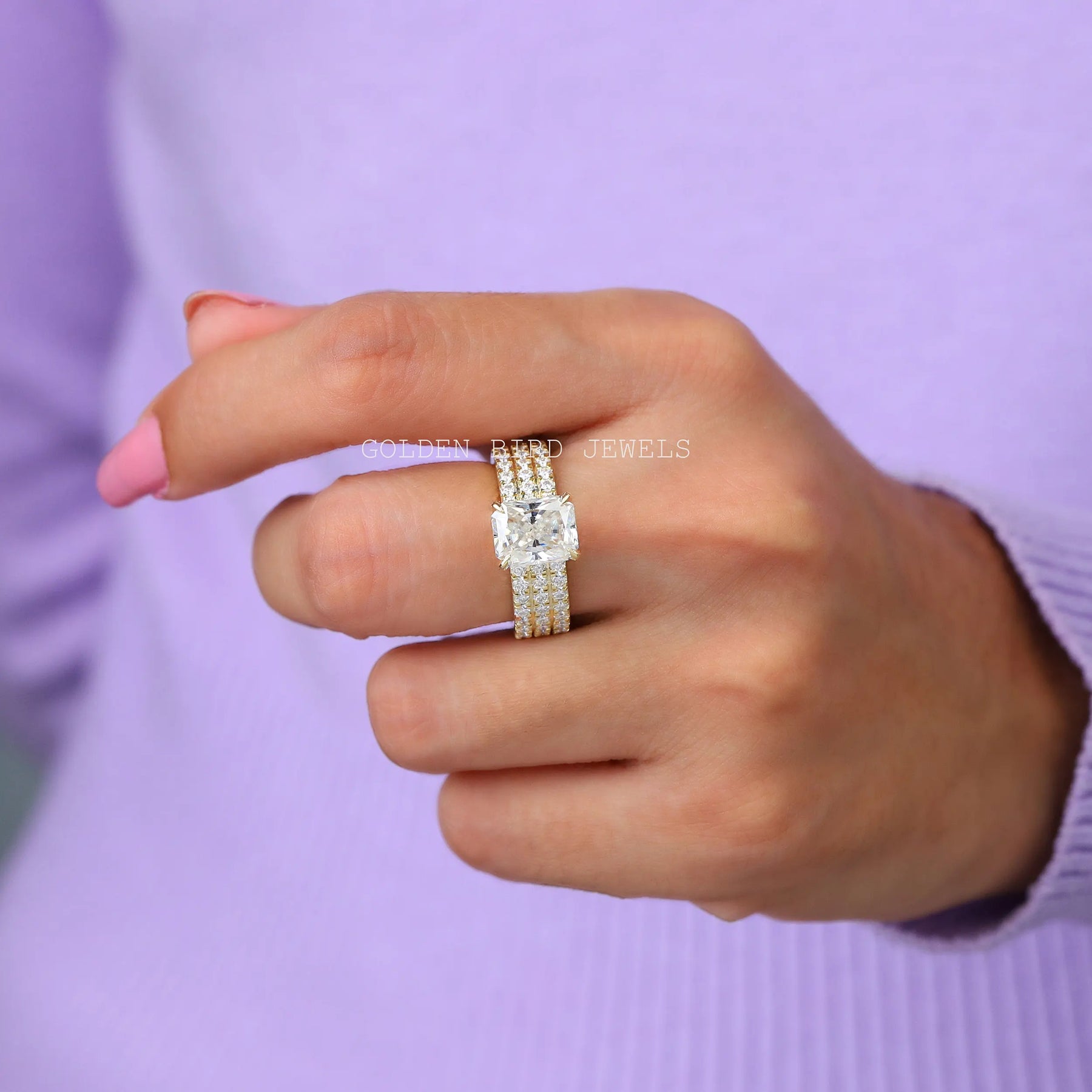 [Brilliant Radiant Cut Moissanite Wedding Ring]-[Golden Bird Jewels]