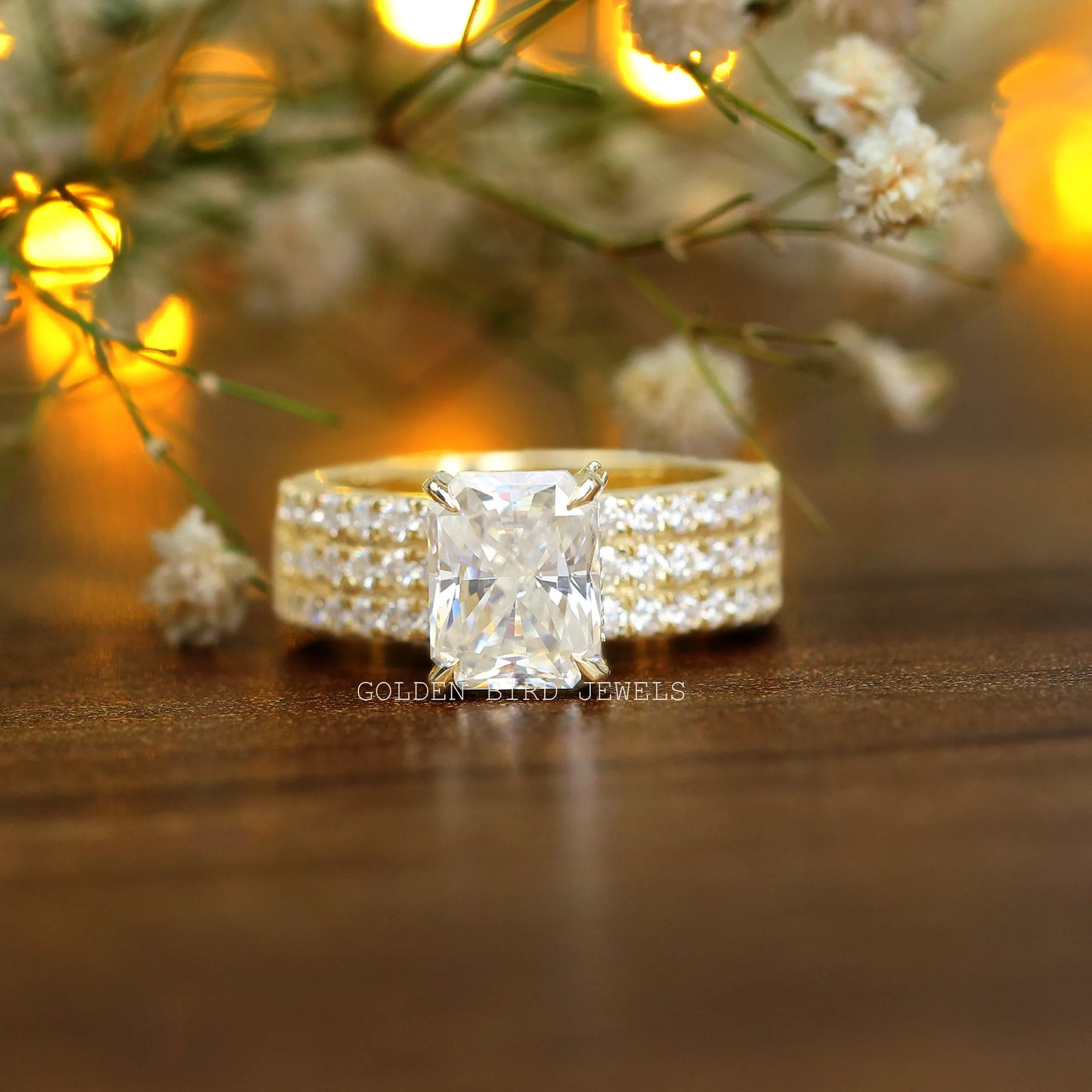 [Radiant Cut Moissanite Yellow Gold Wedding Ring]-[Golden Bird Jewels]