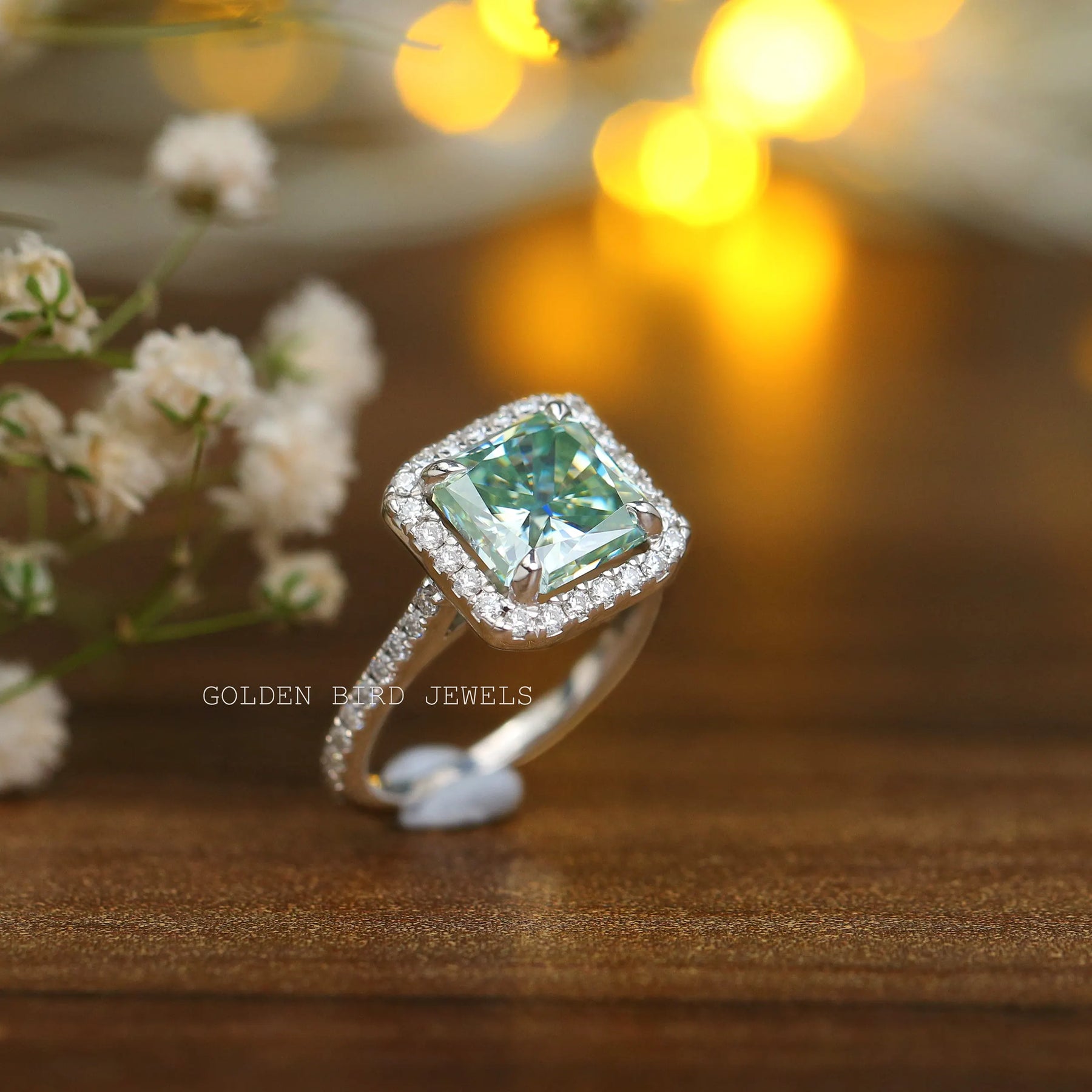 Light Blue radiant Cut Moissanite With Round Moissanite Halo Engagement Ring Made With 18K Solid Gold