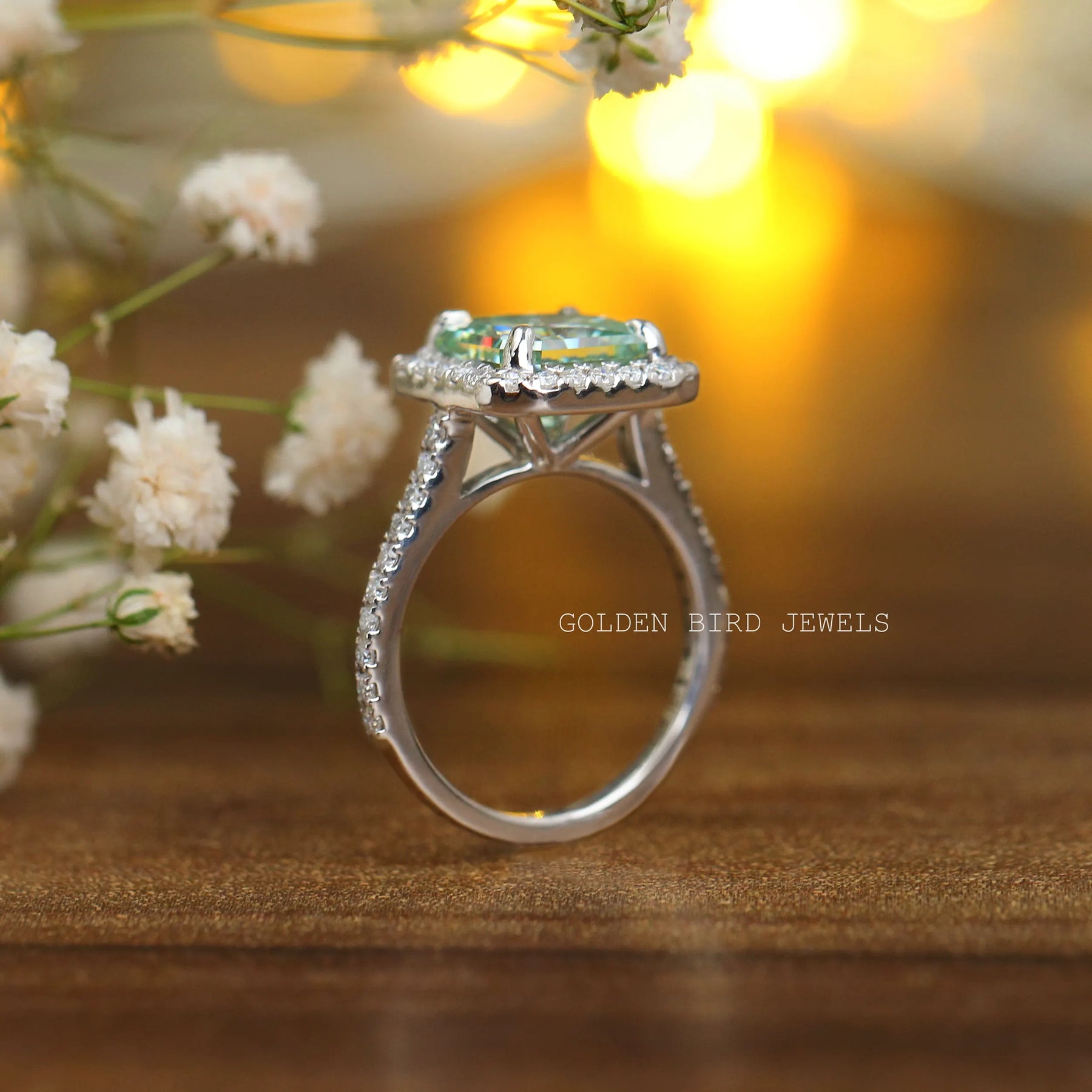Cross Side View Of 2.65 CT Fancy Color Moissanite Halo Engagement Ring