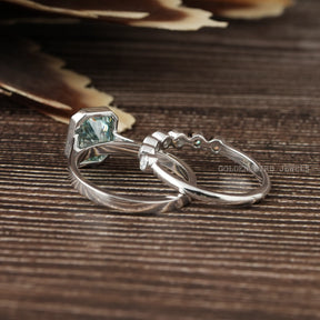 [This split shank radiant cut moissanite ring set made of 14k white gold]-[Golden Bird Jewels]