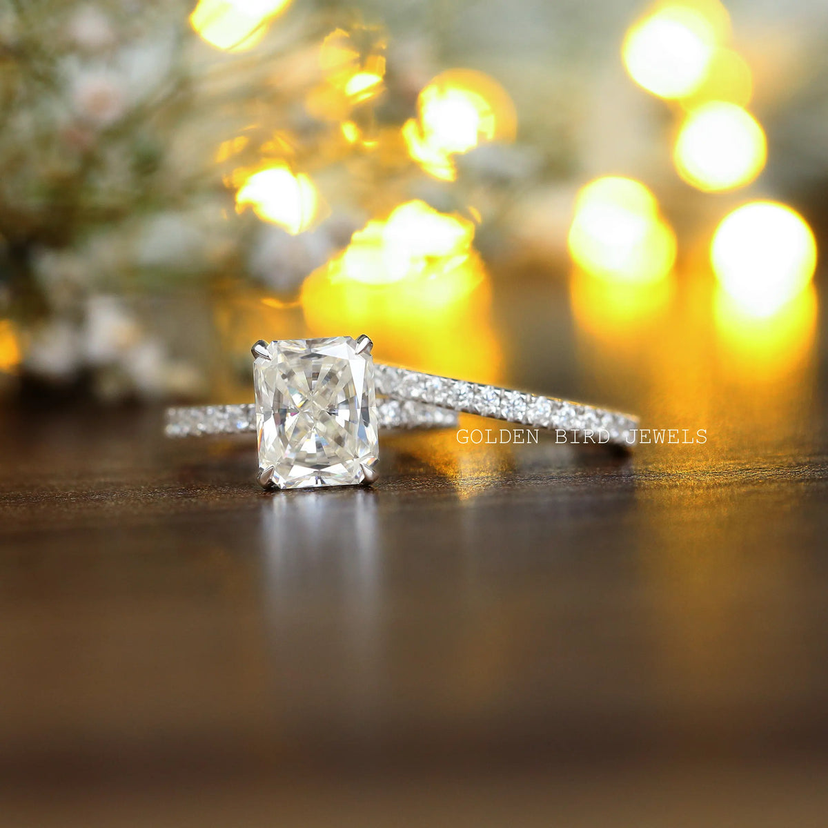 Front view of radiant cut  moissanite  proposal ring  