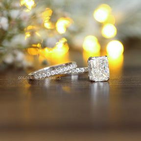 Right Side View Of Radiant Cut Moissanite Engagement Ring Set