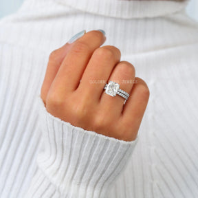 In Finger View Of Radiant Cut Moissanite Hidden Halo Proposal Ring With Matching Band