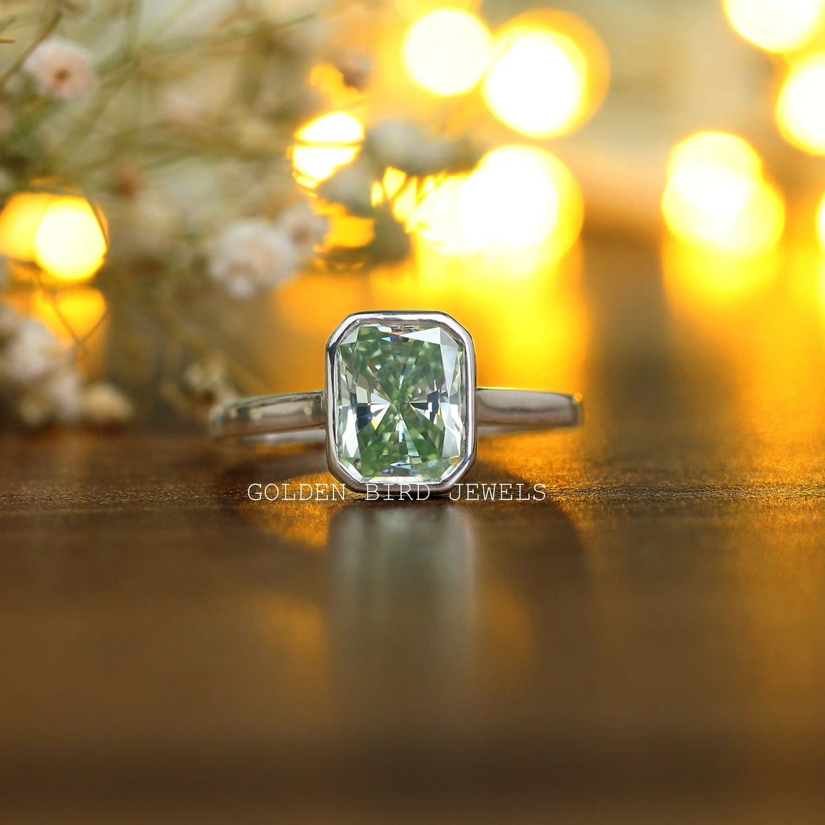[3 Carat Mint Green Radiant Moissanite Bezel Set Solitaire Engagement Ring]-[Golden Bird Jewels]