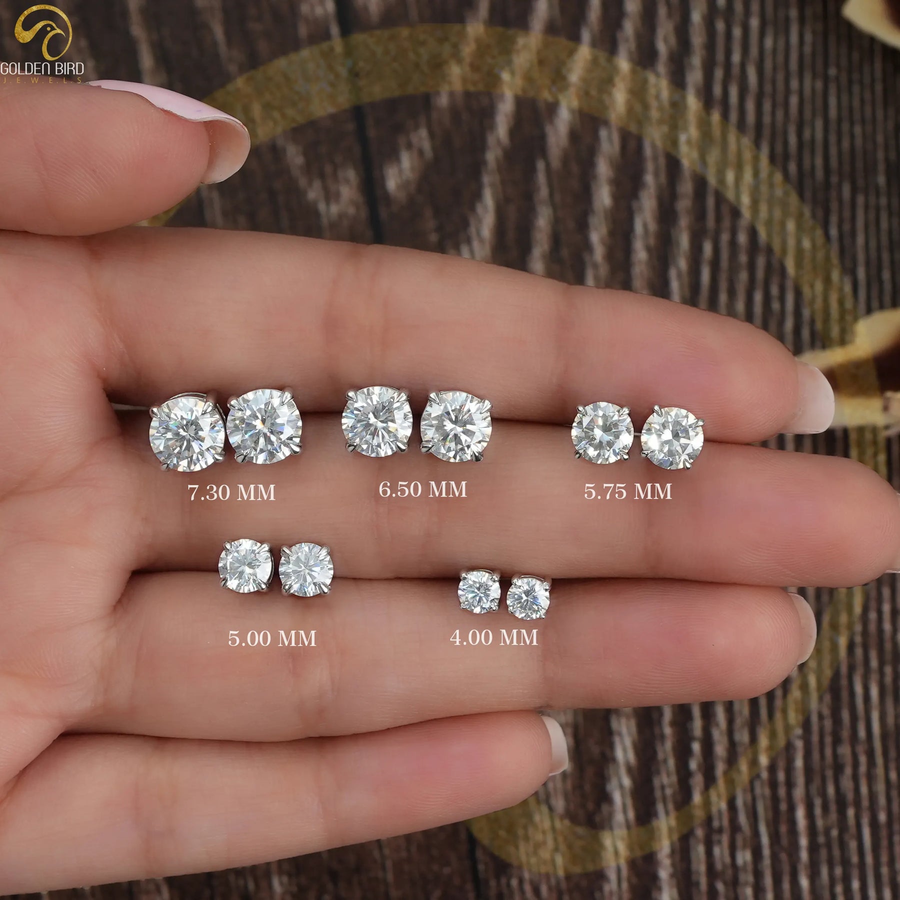 In Hand View Of Multi Carat Weight Round Cut Moissanite Solitaire Stud Earring