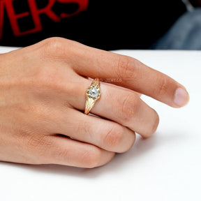 [Moissanite Art Deco Round Cut Colorless Engagement Ring]-[Golden Bird Jewels]