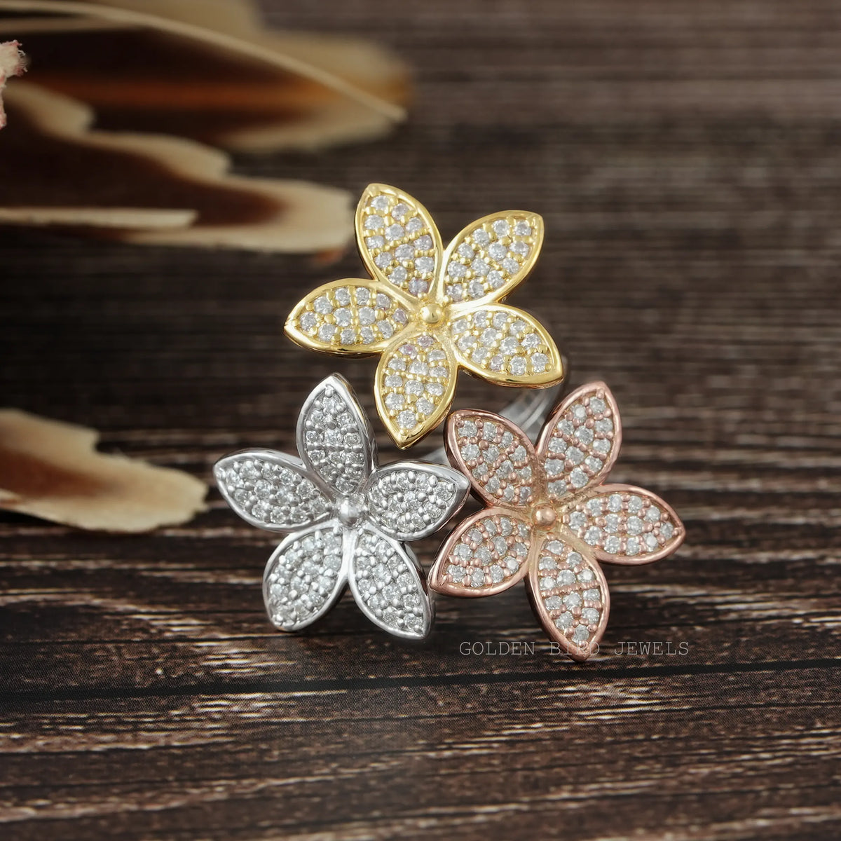 [1 Carat Round Cut Multi-Tone Flower Style Engagement Ring]-[Golden Bird Jewels]