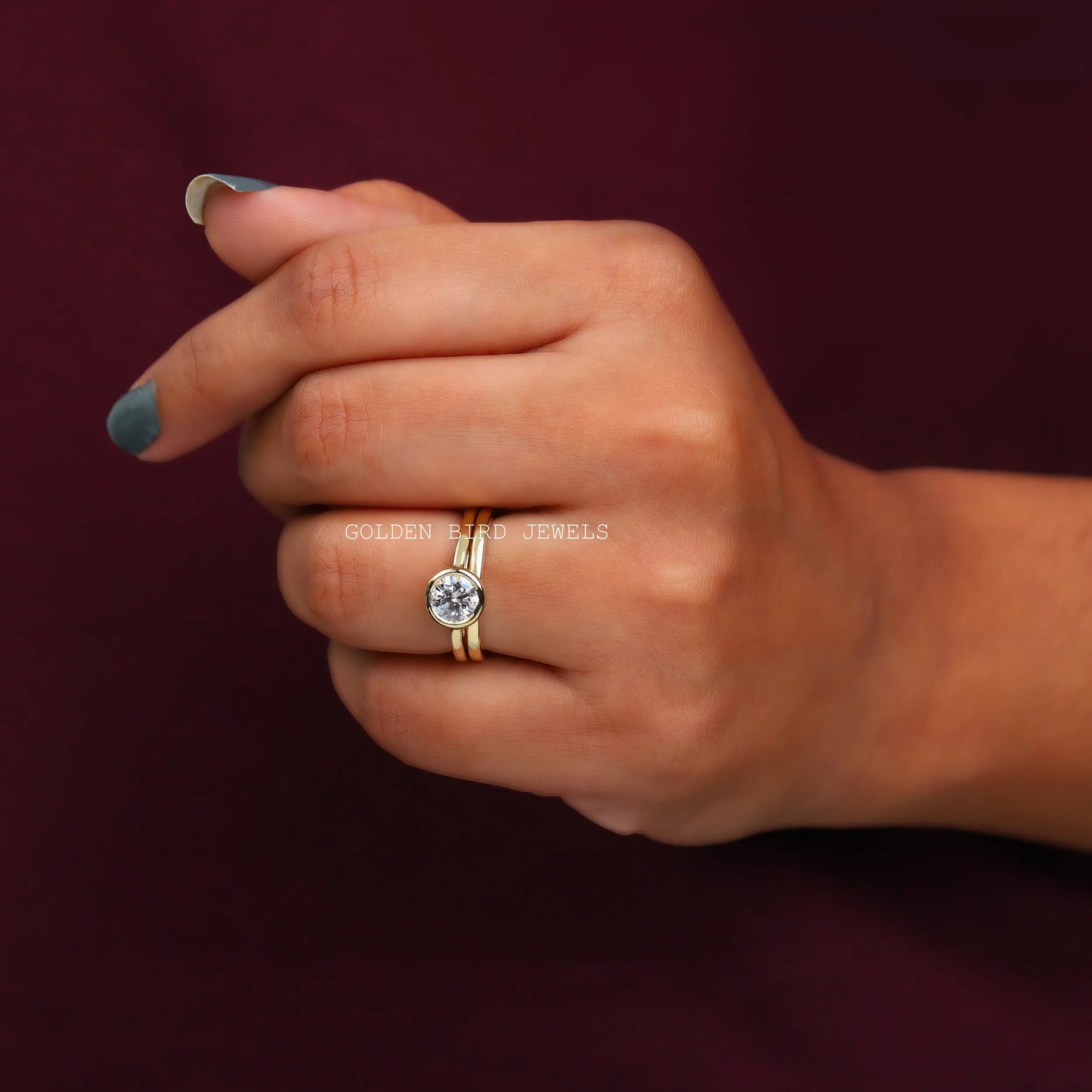 [Moissanite Bridal Wedding Ring Set in 14k Yellow Gold]-[Golden Bird Jewels]
