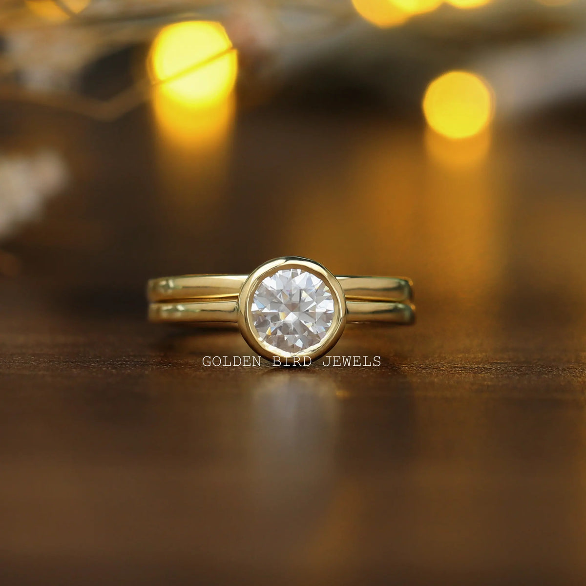 [1 Carat Round Cut Moissanite Bezel Set Wedding Ring Set]-[Golden Bird Jewels] 