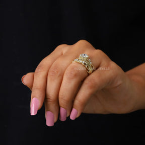 [Vintage Style Round Cut Moissanite Bridal Wedding Ring Set]-[Golden Bird Jewels]