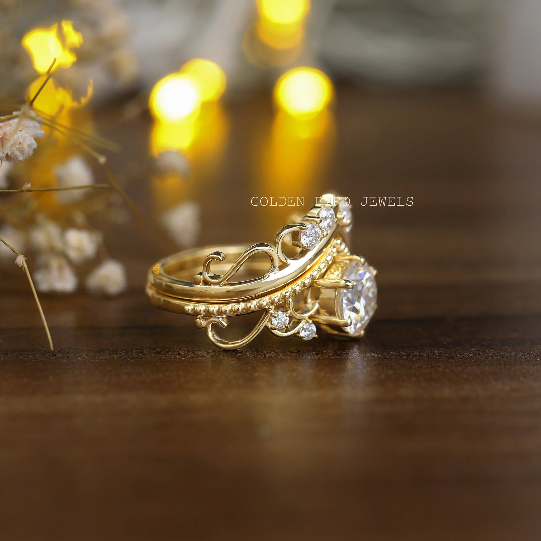 [Round Cut Moissanite Wedding Bridal Ring Set]-[Golden Bird Jewels]
