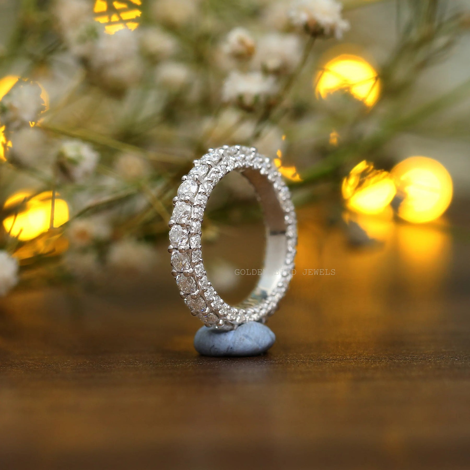Standing Side View Of Round Cut Moissanite Eternity Band
