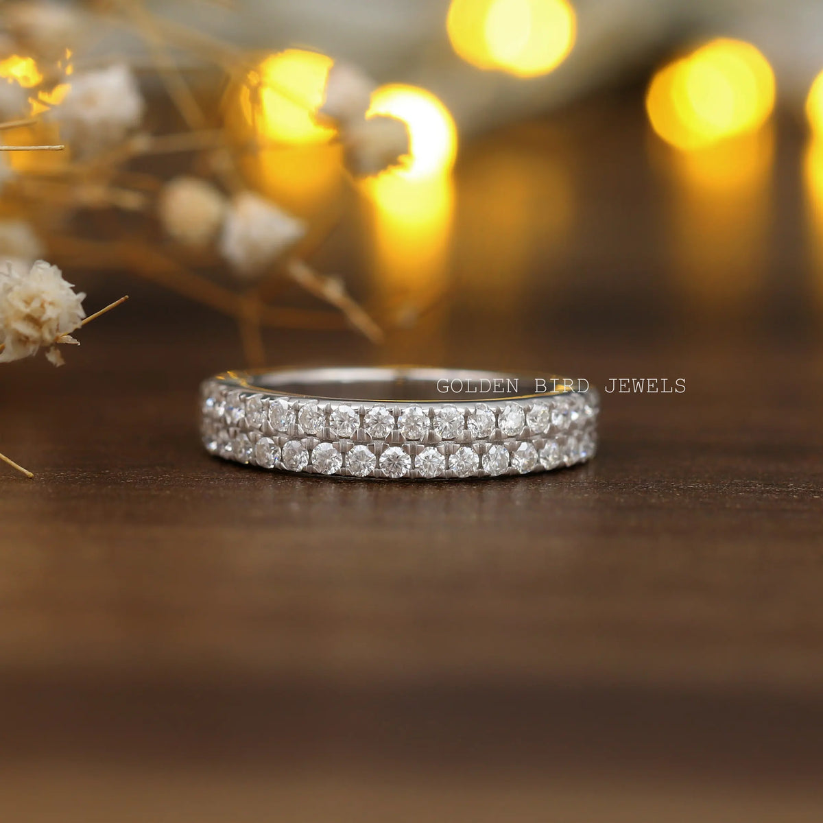 [1 Carat Round Cut Moissanite Two Row Eternity Band]-[Golden Bird Jewels]