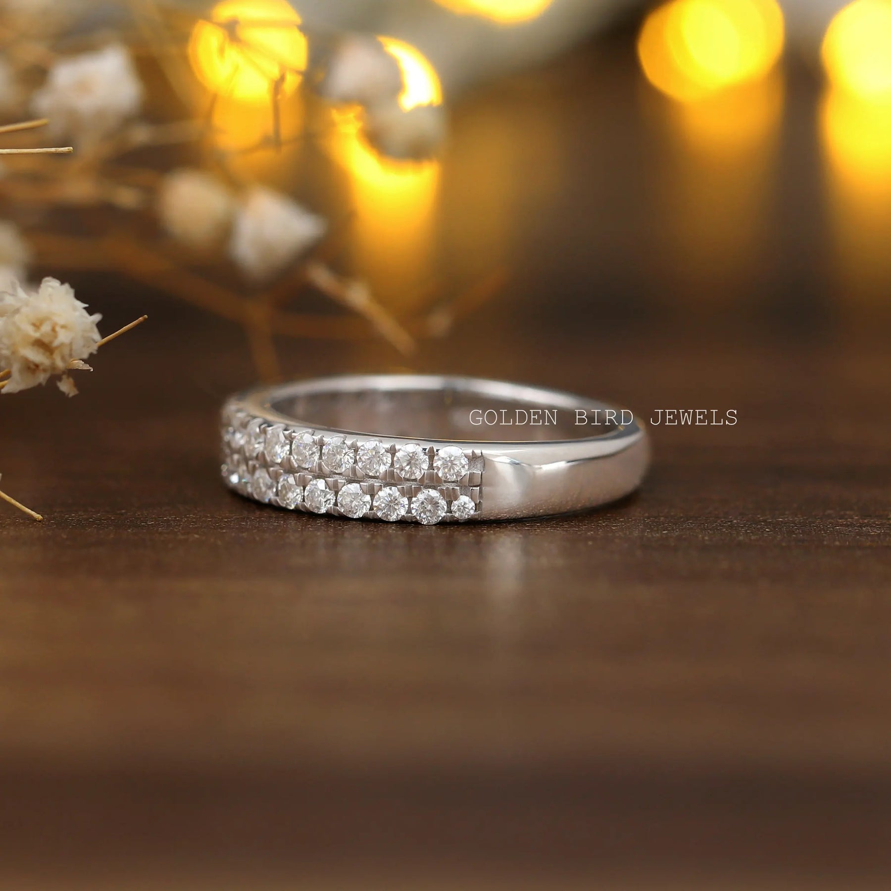 [Moissanite Half Eternity Wedding Band Made Of Round Cut Stones]-[Golden Bird Jewels]