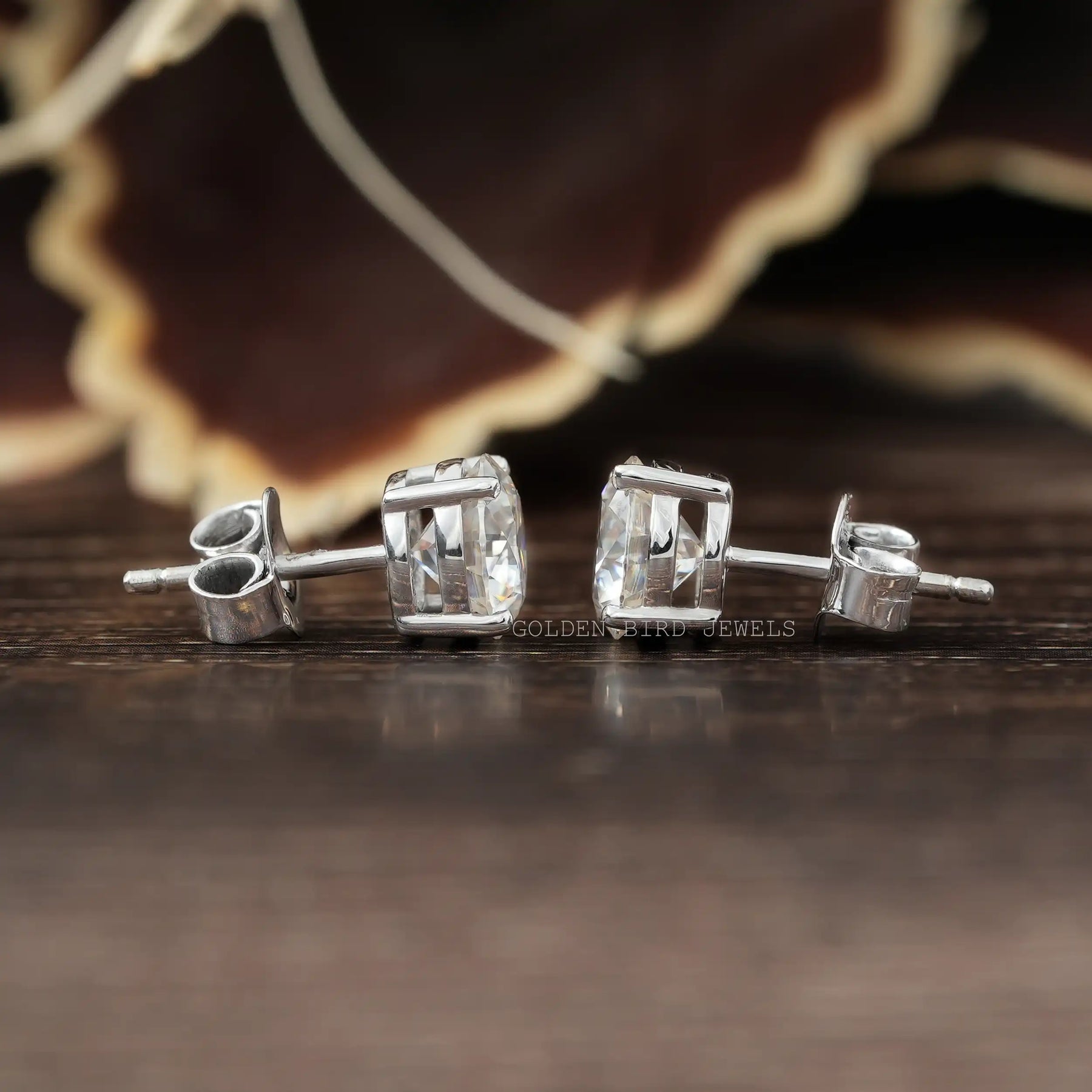 [Round Cut Solitaire Moissanite Stud Earrings Crafted With White Gold]-[Golden Bird Jewels] 