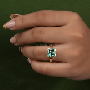 [Blue Green Step Cut Cushion Cut Moissanite Engagement Ring]-[Golden Bird Jewels]