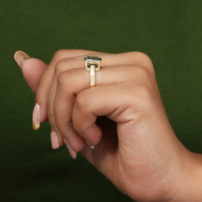 In Finger Left Side View Of 18K Yellow Gold Bezel Set Antique Cut Moissanite Engagement Ring