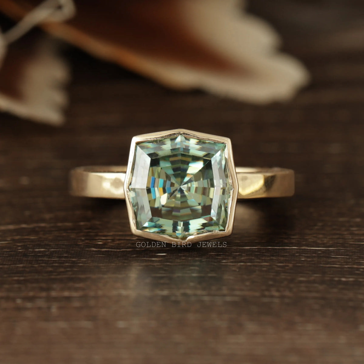 3.85 Carat Blue Green Step Cut Cushion Shape Bezel Set Solitaire Engagement Ring Made In Yellow Solid Gold