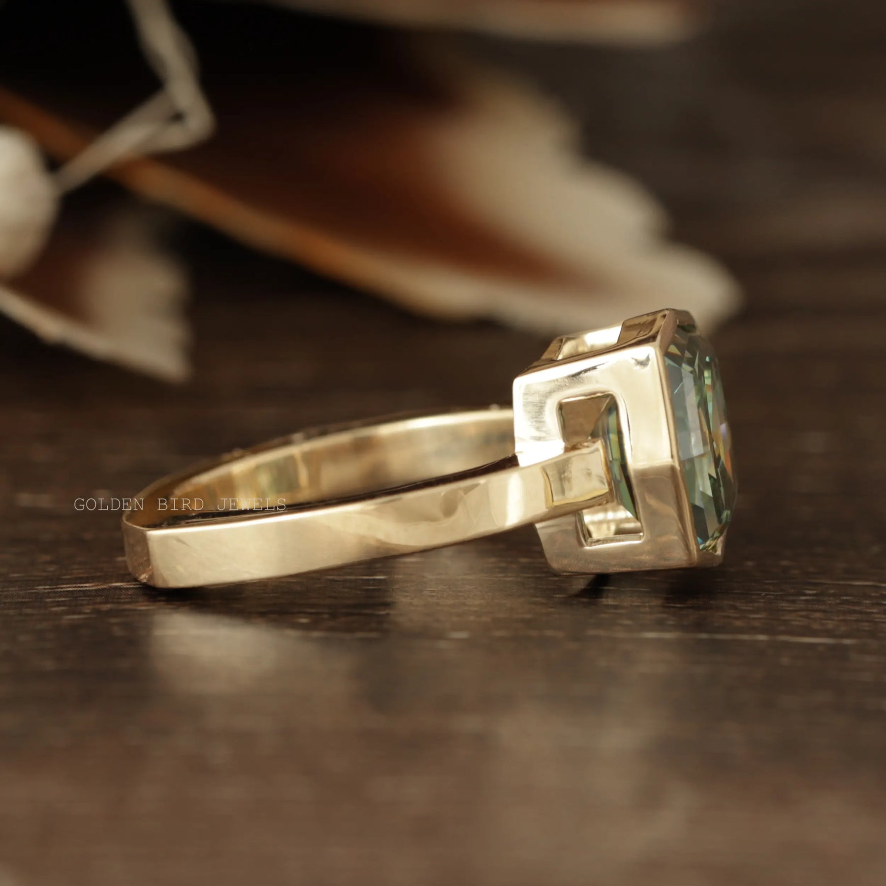 [Bezel Set Step Cut Cushion Moissanite Engagement Ring In 14K Yellow Gold]-[Golden Bird Jewels]
