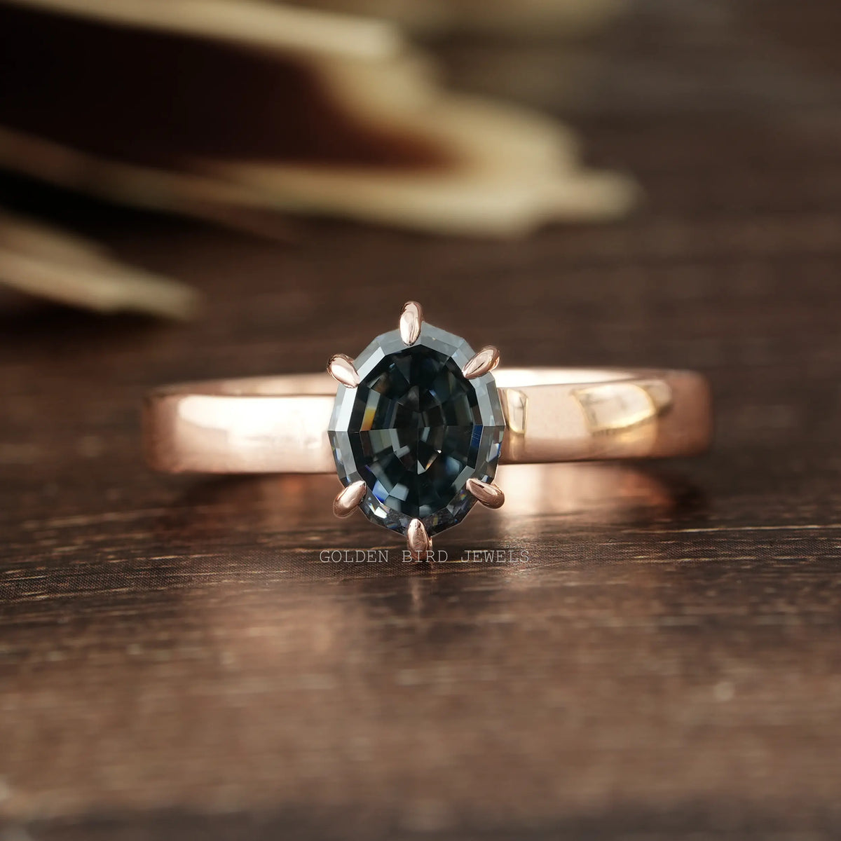 Dark Gray 1.70 Carat Step Cut Oval Shape Moissanite Solitaire Engagement Ring Made In Solid Rose Gold