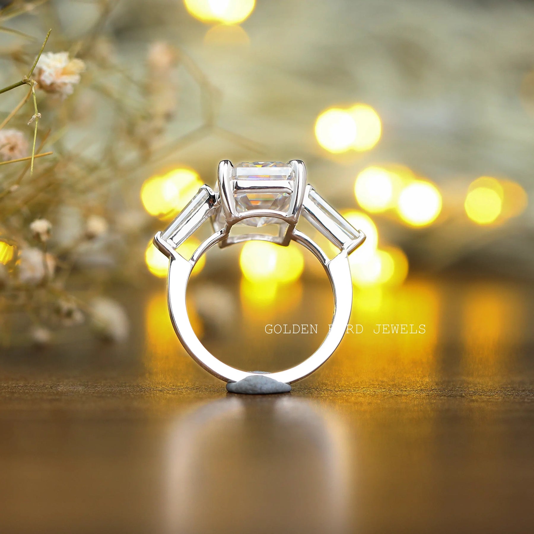 [Vintage Three Stone Engagement Ring Made With Moissanite]-[Golden Bird Jewels]