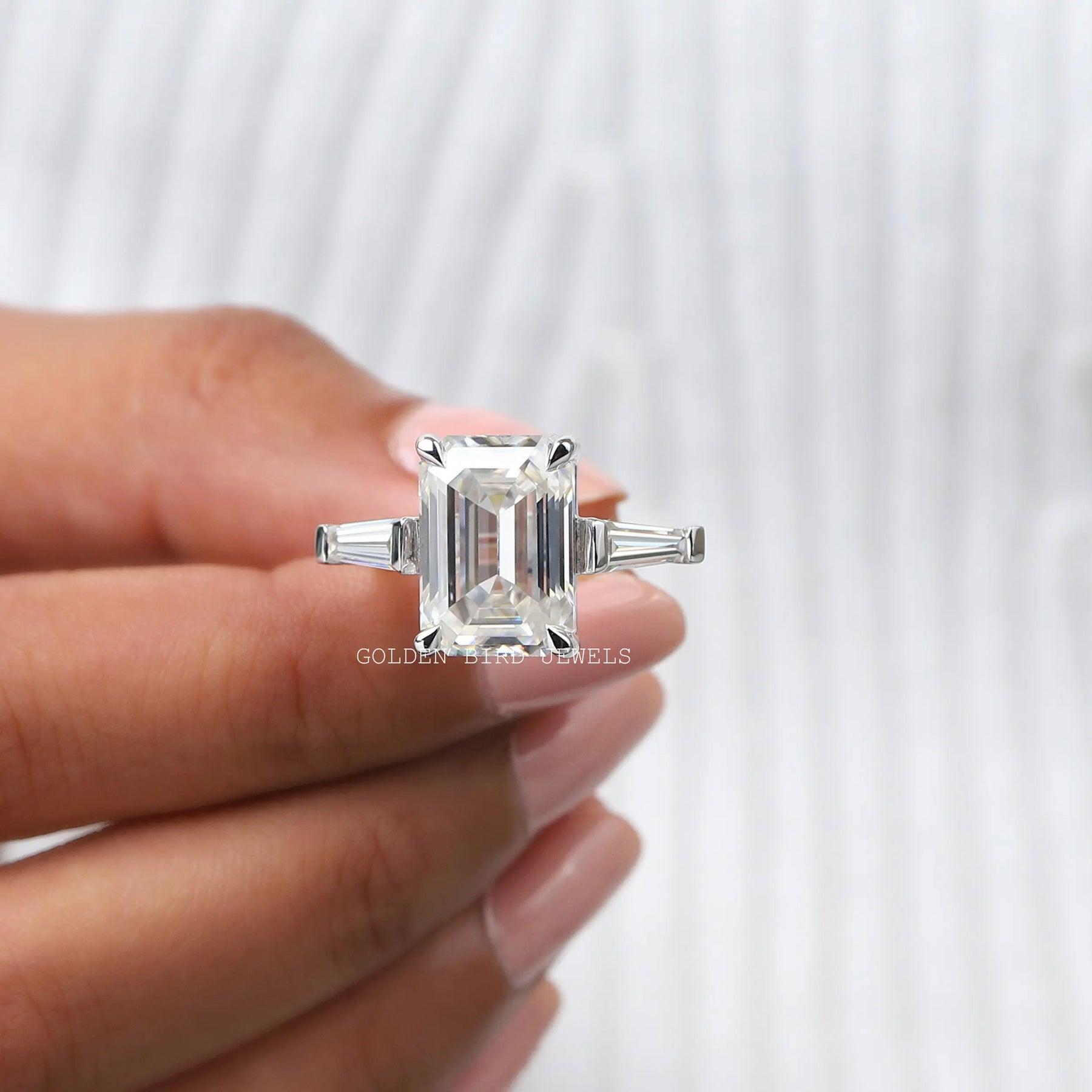[Thre Stone Moissanite Ring Made With Emerald Cut]-[Golden Bird Jewels]