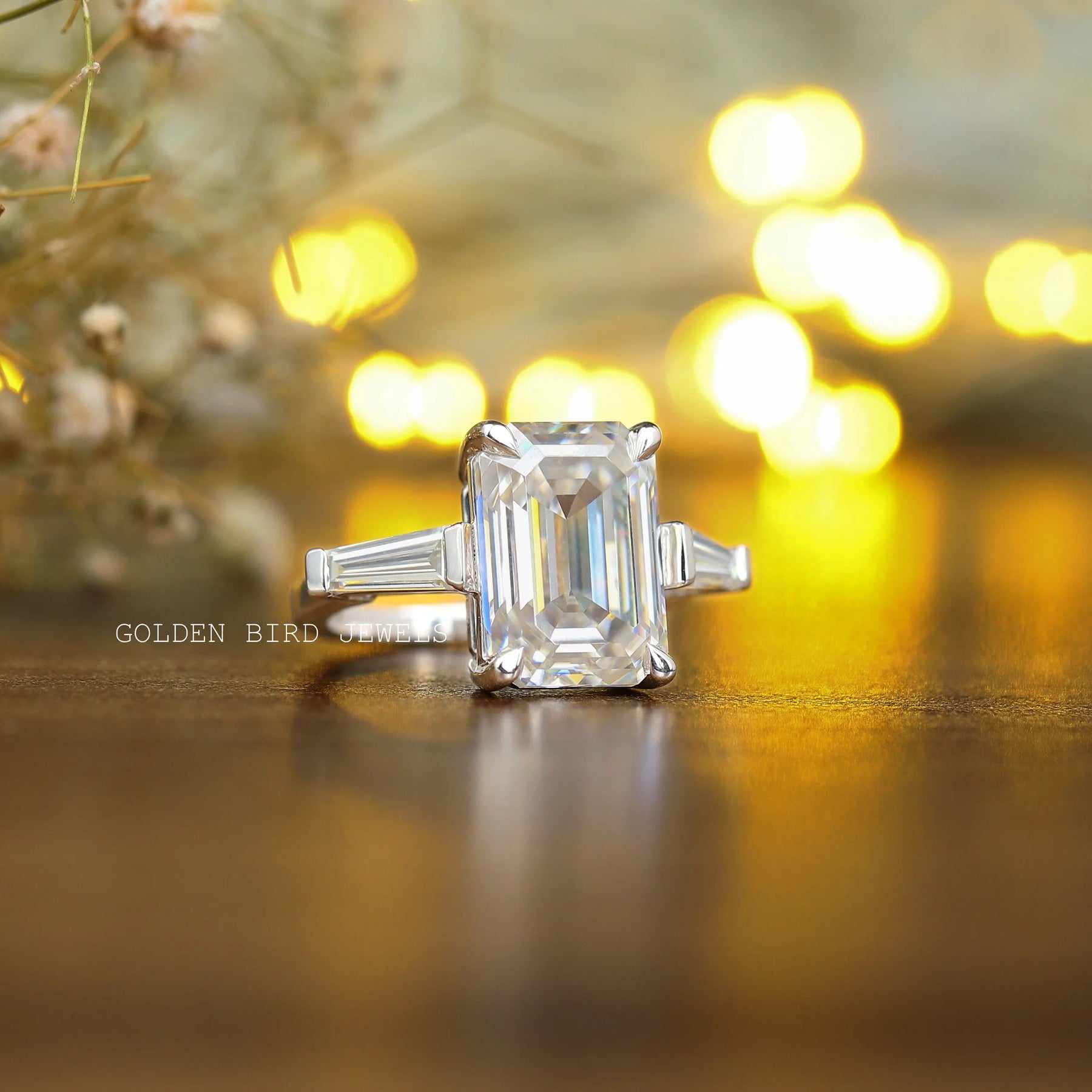 [Emerald Cut Moissanite Three Stone Anniversary Ring]-[Golden Bird Jewels]