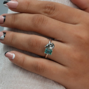 In Finger View Of Pear & Emerald Cut Toi Et Moi Moissanite Engagement Ring