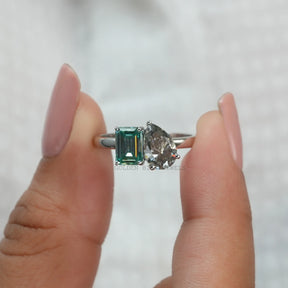Beautiful And Unique Blue Emerald And Grey Pear Cut Moissanite Two Stone Toi Et Moi Engagement Ring