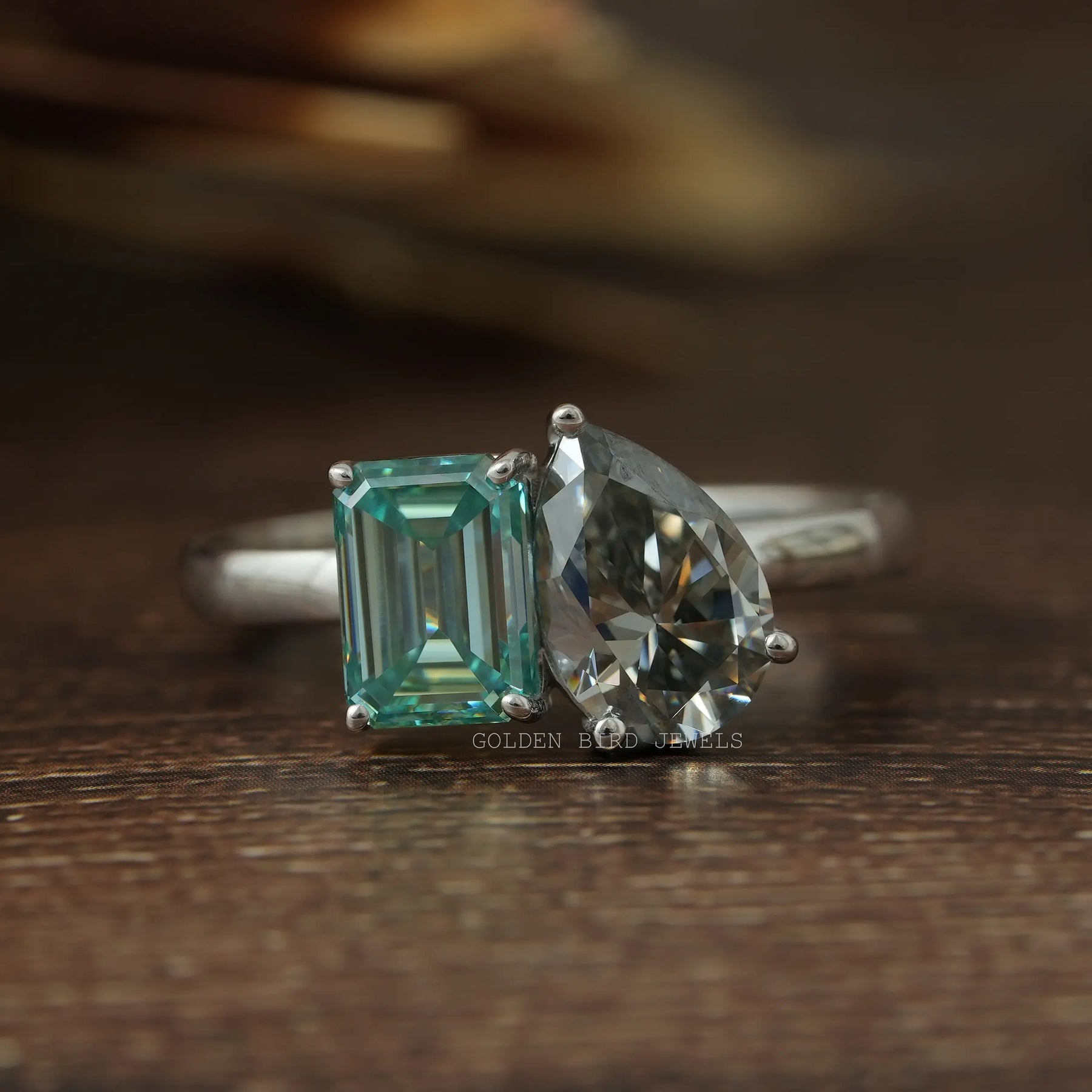 Unique Grey Pear & Blue Emerald Cut Toi Et Moi Moissanite Engagement Ring Made With Solid White Gold
