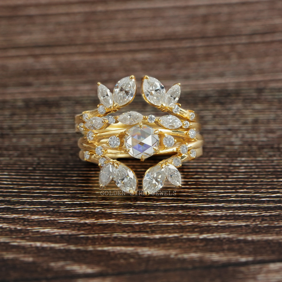 Multi Stone Moissanite Cocktail Bridal Ring In Yellow Gold