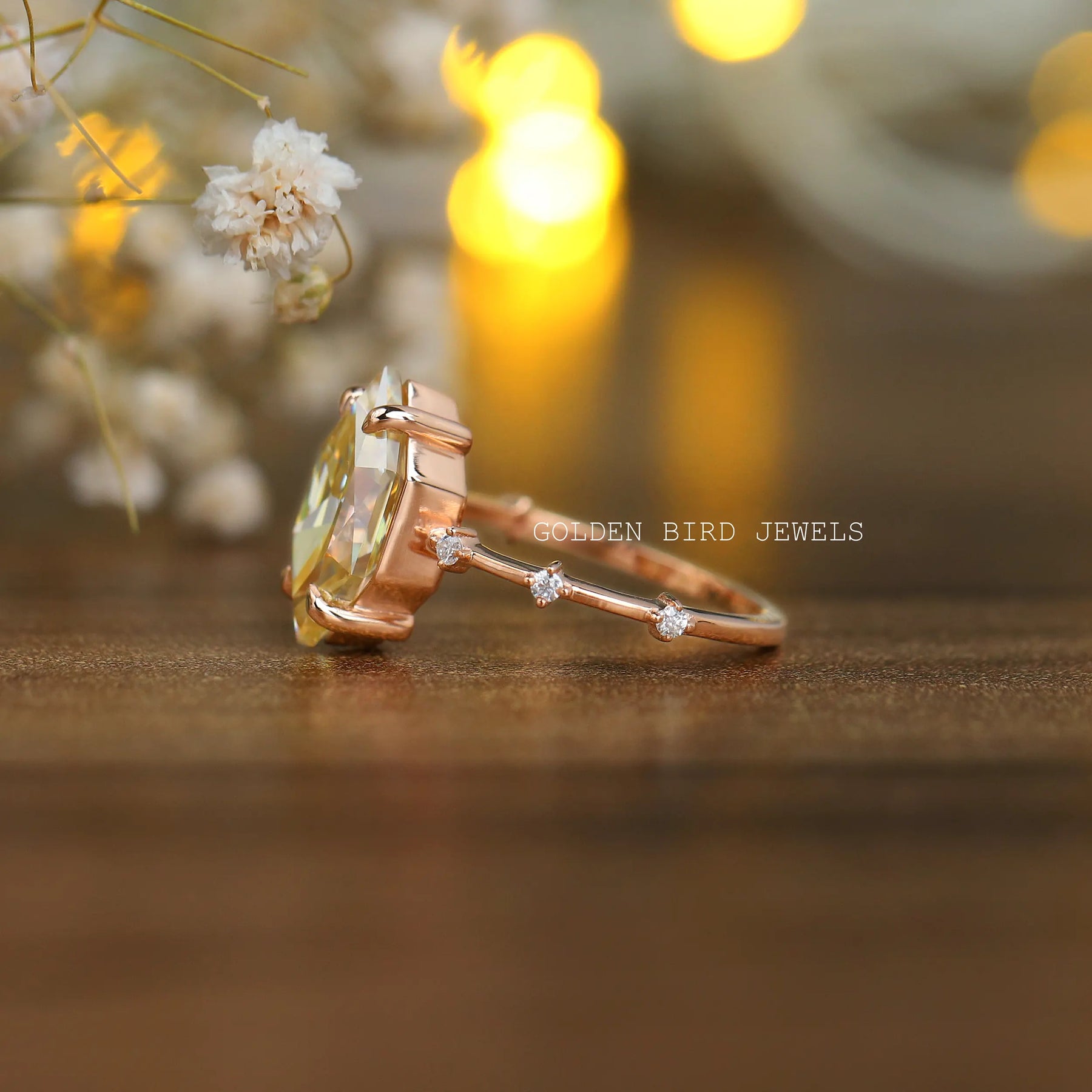 Left Side View Of Yellow Color Moissanite Ring Made With Rose Gold