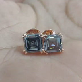 Gray Asscher Cut Moissanite Stud Earring