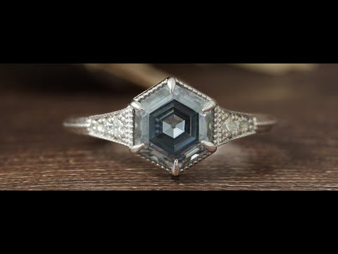 Youtube Video Of  Grey Hexagon Cut Moissanite Six Prong Set Engagement Ring