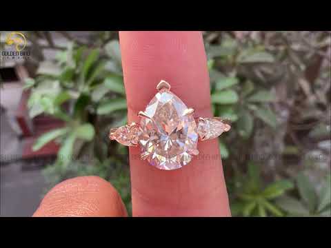 [YouTube Video Pear Cut Three Stone Engagement Ring]-[Golden Bird Jewels]