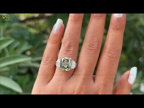 [YouTube Video Green Cushion Cut Moissanite Three Stone Engagement Ring]-[Golden Bird Jewels]