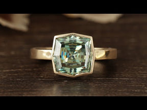 Youtube Video Of Blue Green Step Cut Cushion Shaped Bezel Set Moissanite Solitaire Ring