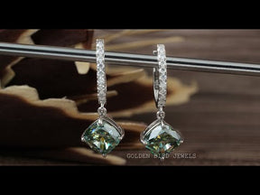 Cushion Cut Blue Green Moissanite Drop Dangle Earrings