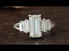 Youtube Video Of long emerald cut moissanite 5 stone engagement ring