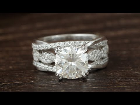Youtube Video Of Cushion Cut Colorless Moissanite Wedding Ring Set