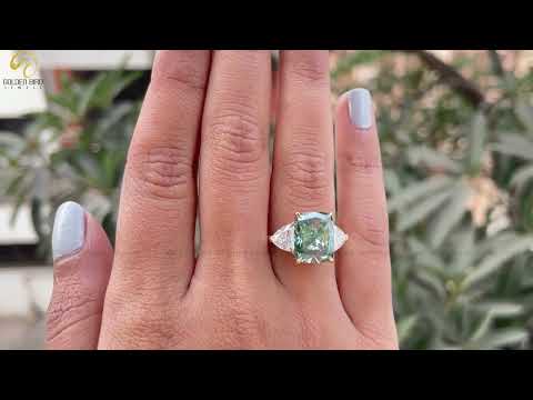 [YouTube Video Cushion Cut Three Stone Trillion Moissanite Engagement Ring]-[Golden Bird Jewels]