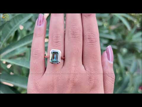 You tube Video Of Blue Green Emerald Cut Bezel Set Moissanite Engagement Ring