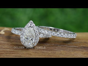 Pear Cut Moissanite Bridal Halo Ring With Matching Band Set